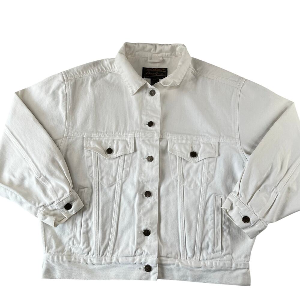 Eddie Bauer Vintage White Denim Bomber Jacket Women's size Medium Gold Tag
